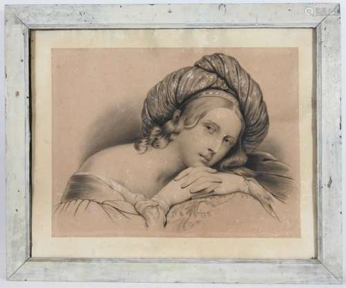 Ecole du XIXème. Femme au turban. Dessin. 45 x 59 cm.
