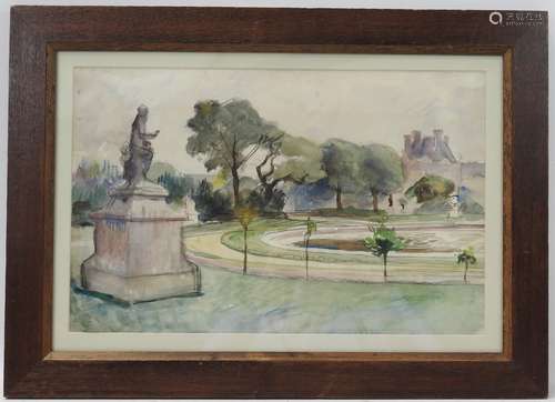 Ecole du XXe. Jardin des Tuilleries. Aquarelle. Monogramme e...