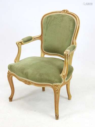 FAUTEUIL cabriolet en bois rechampi velours vert, copie Loui...