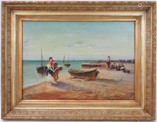 E. MARTINEZ (XIX-XXème). Pêcheuses sur la plage. Huile sur t...