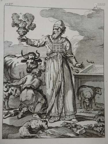 Scène biblique avec un prêtre. Gravure ancienne. 23x17,5cm. ...