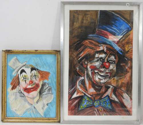 Ecole du XXeme. Visage de clown. Aquarelle et pastel. 46 x 2...