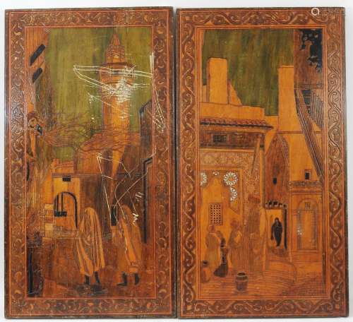 DEUX BOIS GRAVES à décor de scène orientalistes. 71 x 39 cm....