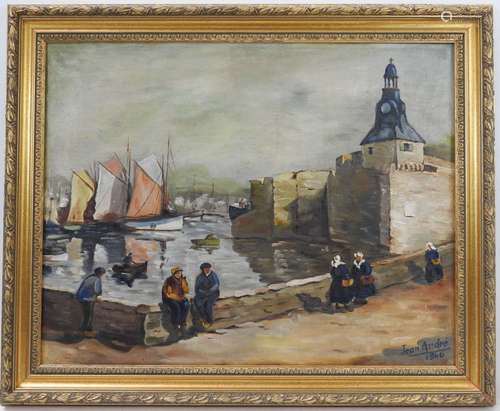 Jean ANDRE (XXème). Port en Bretagne. Huile sur toile. Signé...