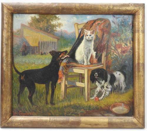 Léon CASAUX (1877-?). Chiens et chats. Huile sur toile. Sign...