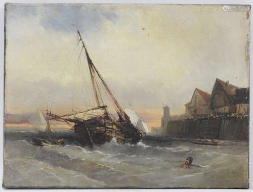 Eugène DESHAYES (1862/68-1939). Bateau dans la tempête. Huil...