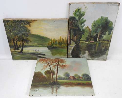 LOT de trois huiles sur toile, paysages à la rivière et étan...