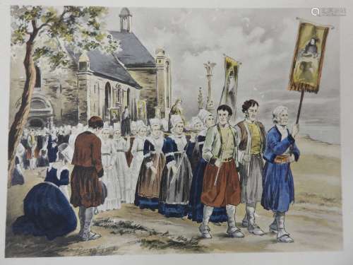 RENAUDIN : Procession de bretonnes. Lithographie. 17x22cm. e...