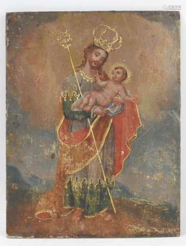 ICONE en bois peinte à décor de Joseph et l'enfant Jesus. XI...