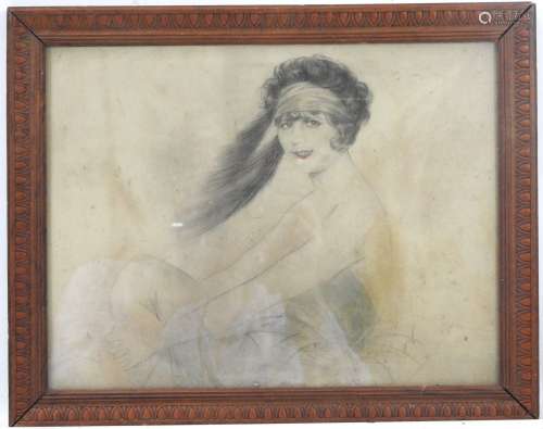 Ecole début XXeme. Femme au ruban. Dessin. 27 x 35 cm.