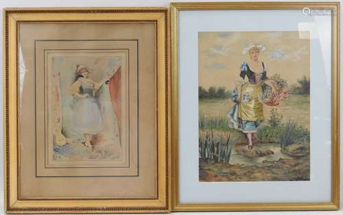 DEUX AQUARELLES encadrées dont: G. LEGROS; Femme au panier f...