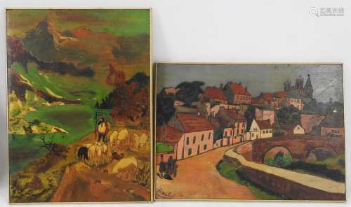 BULOT (XXème). Deux panneaux de bois gravé et peint, paysage...
