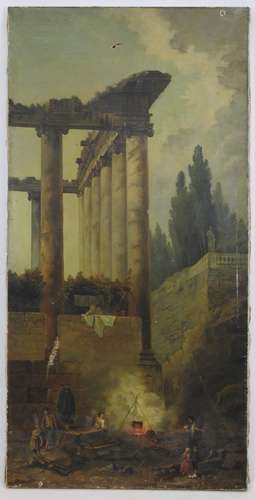 Ecole FRANCAISE du XIXème siècle : Paysage animé aux ruines....