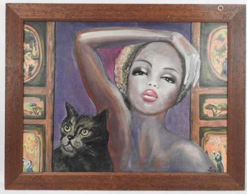 LISA (XXème). Femme et chat. Huile sur toile. Signé et daté ...