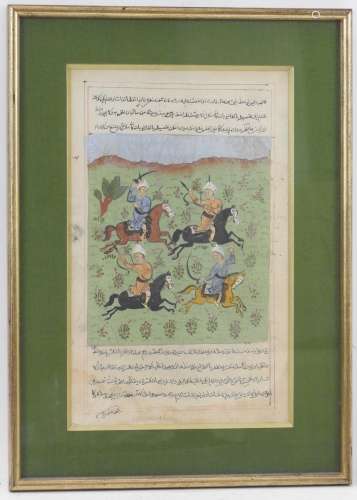 MINIATURE INDO PERSANNE, page aquarellée à décor de cavalier...