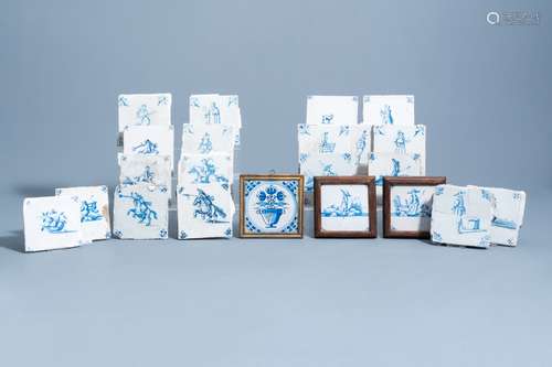 22 Dutch Delft blue and white tiles with horsemen and figure...