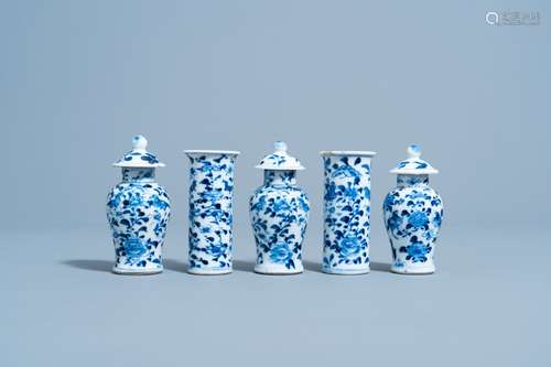 A Chinese blue and white five-piece garniture with floral de...