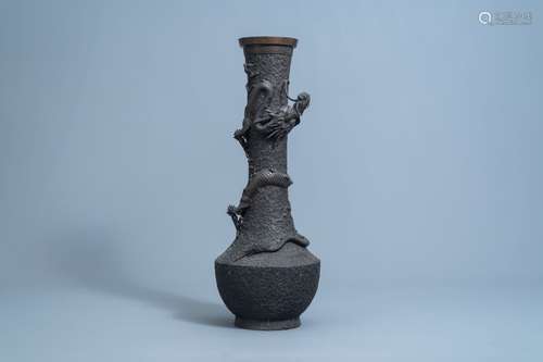 A large Japanese bronze vase with applied dragon, Meiji, 19t...