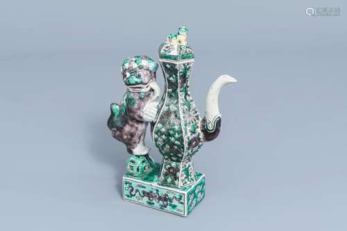 A Chinese verte biscuit 'Buddhist lion' ewer and cover, 19th...