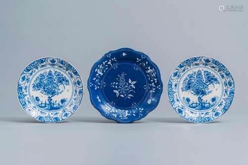 A pair of Dutch Delft blue and white 'tea tree' plates and a...