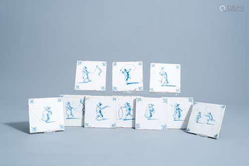 Ten Dutch Delft blue and white 'children's games' tiles, 17t...