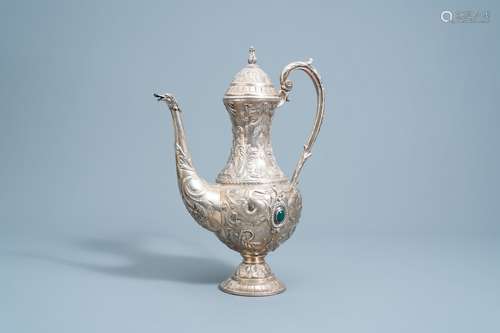 A Spanish inlaid silver Historicism jug with floral design a...