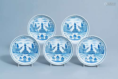 Five lobed blue and white Dutch Delft 'pagoda garden' plates...