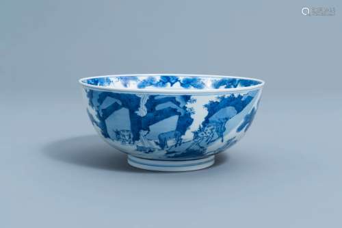 A Chinese blue and white 'deer' bowl, Jiajing mark, Kangxi