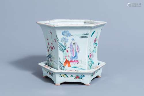 A hexagonal Chinese famille rose jardiniere on stand with fi...