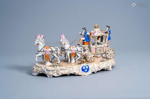 A group with a four-in-hand carriage in polychrome decorated...