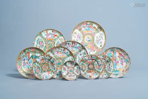 Ten various Chinese Canton famille rose plates and saucers, ...