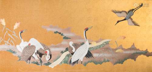 Japanese school, mixed media, 20th C.: Cranes in a landscape