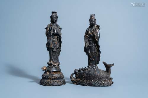 Two Japanese bronze groups depicting Kannon on a carp and on...