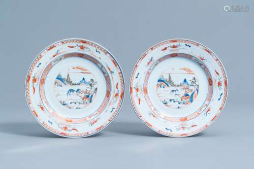 A pair of Chinese verte-Imari 'landscape' plates, Kangxi