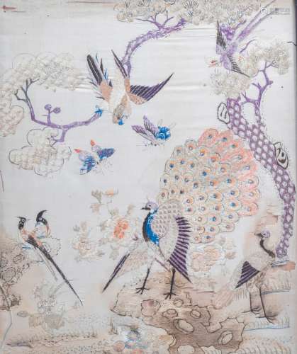 A Chinese embroidered silk panel with birds and butterflies ...