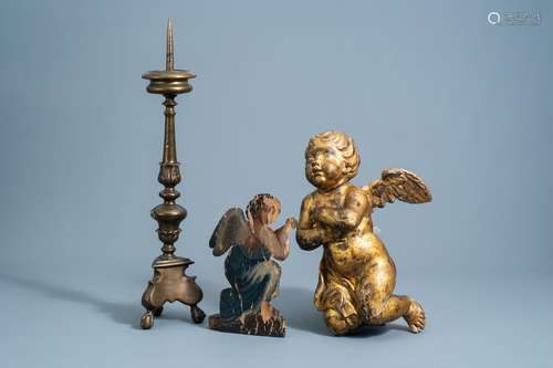 A patinated bronze pricket candlestick, a gilt wooden angel ...