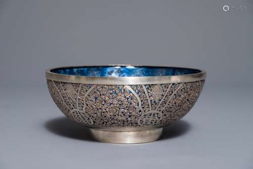 A Chinese reticulated silver bowl with blue glass interior, ...