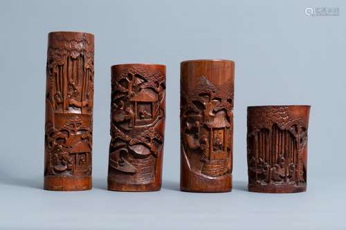 Four Chinese carved bamboo brush pots, 19th/20th C.