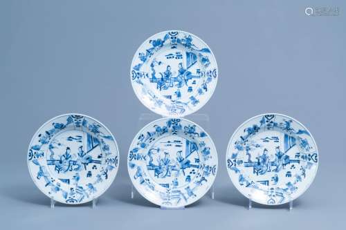 Four Chinese blue and white plates with ladies on a terrace,...
