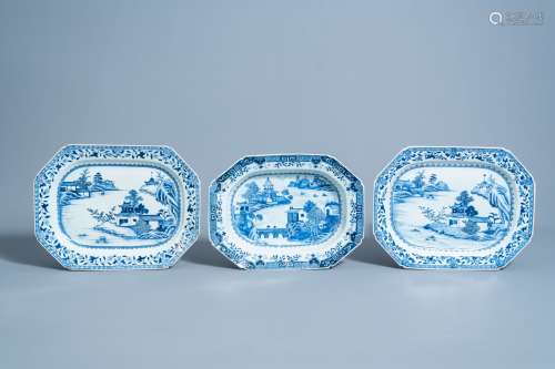 Three Chinese blue and white 'landscape' chargers, Qianlong