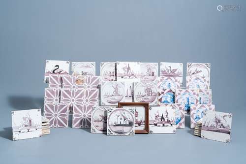 45 Dutch Delft manganese tiles with landscapes, ornaments an...