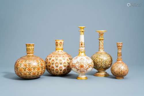 Five Indian Mughal alabaster vases with gilt and polychrome ...