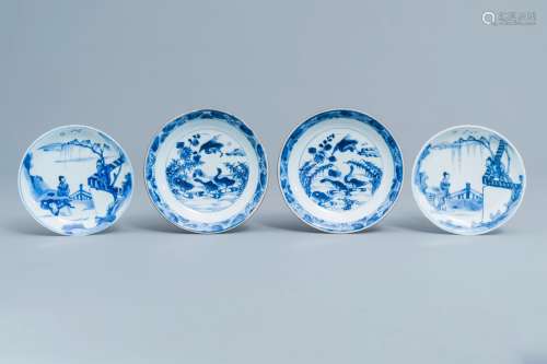 Two pairs of Chinese blue and white saucers with 'Romance of...