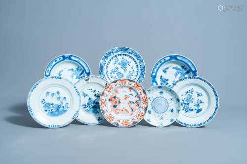 Eight various Chinese blue, white and Imari style plates, 18...