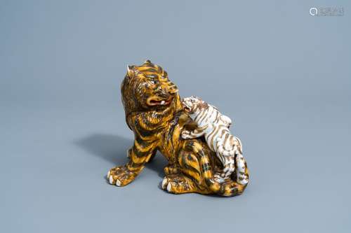 A Japanese group of two tigers with polychrome design, Meiji...