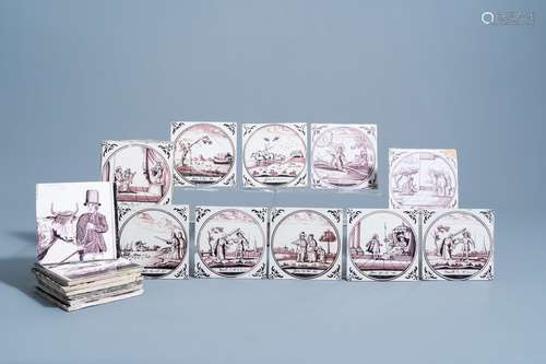 Ten Dutch Delft manganese tiles with biblical scenes in a me...