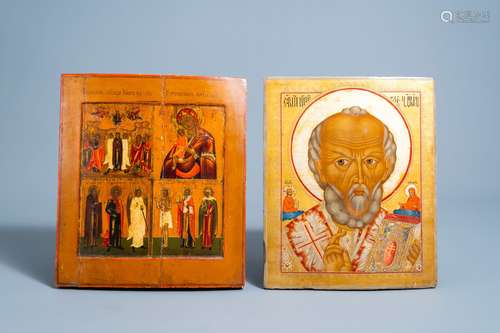 Two Russian icons, 'Saint Nicholas' and a four field icon, 1...