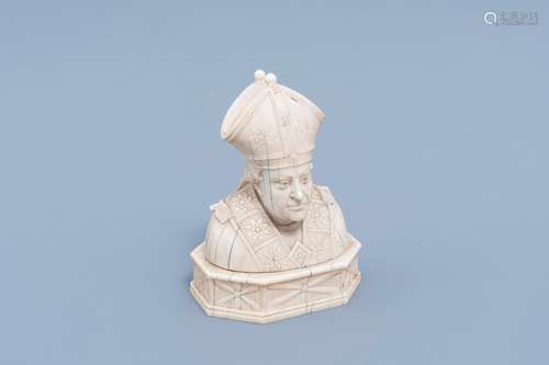 A French carved ivory bishop bust shaped reliquary, Dieppe, ...