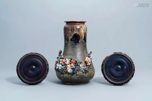 A tall Japanese Sumida Gawa vase with applied design of chil...