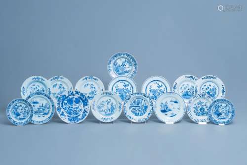 Sixteen various Chinese blue and white plates, Kangxi/Qianlo...